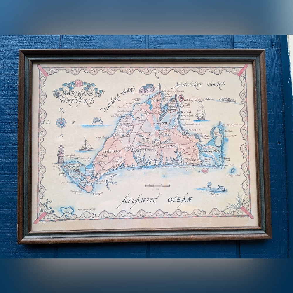 Rare Xandra Fisher Handmade Map Copyright 1979 Martha's Vineyard MA Framed